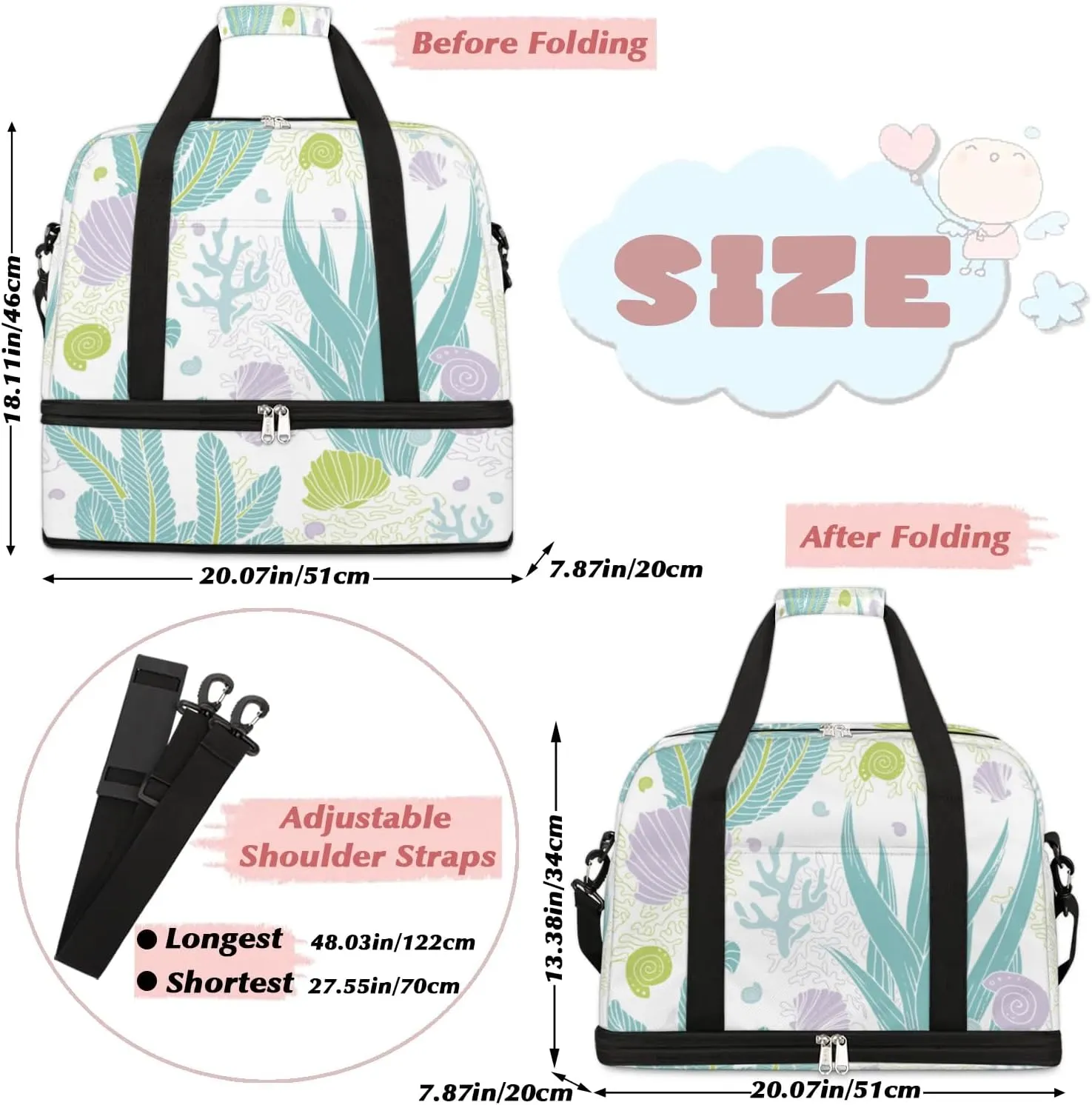 Seashell Seaweed Sports Gym Bag with Shoes Compartment Foldable Travel Duffel Bag Dry Wet Separated Sports Tote Workout Weekender Overnight Bag for Women Yoga Dance Work Training Handbag