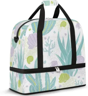 Seashell Seaweed Sports Gym Bag with Shoes Compartment Foldable Travel Duffel Bag Dry Wet Separated Sports Tote Workout Weekender Overnight Bag for Women Yoga Dance Work Training Handbag