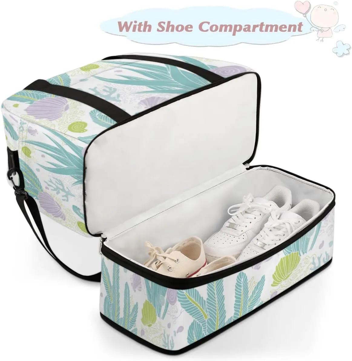 Seashell Seaweed Sports Gym Bag with Shoes Compartment Foldable Travel Duffel Bag Dry Wet Separated Sports Tote Workout Weekender Overnight Bag for Women Yoga Dance Work Training Handbag