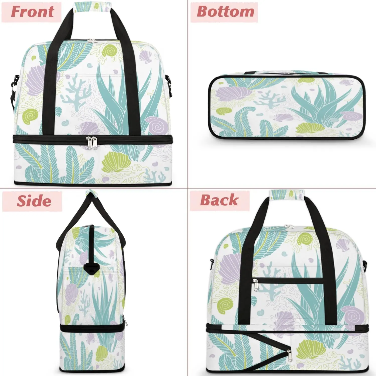 Seashell Seaweed Sports Gym Bag with Shoes Compartment Foldable Travel Duffel Bag Dry Wet Separated Sports Tote Workout Weekender Overnight Bag for Women Yoga Dance Work Training Handbag