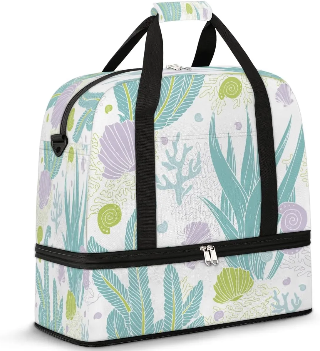 Seashell Seaweed Sports Gym Bag with Shoes Compartment Foldable Travel Duffel Bag Dry Wet Separated Sports Tote Workout Weekender Overnight Bag for Women Yoga Dance Work Training Handbag