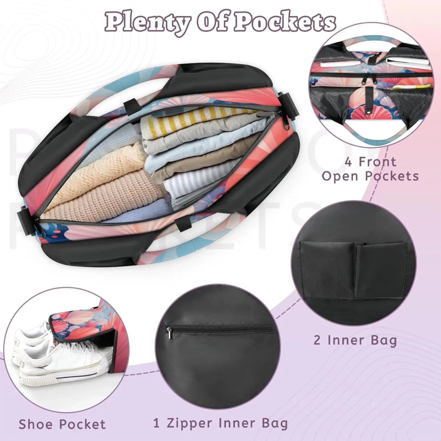 Seashell Serenity Waterproof Gym Bag for Men Women, Sports Duffel Bag with Shoe Compartment Yoga Mat Holder, Portable Large Travel Bag for Fitness, Camping, Weekend Trips