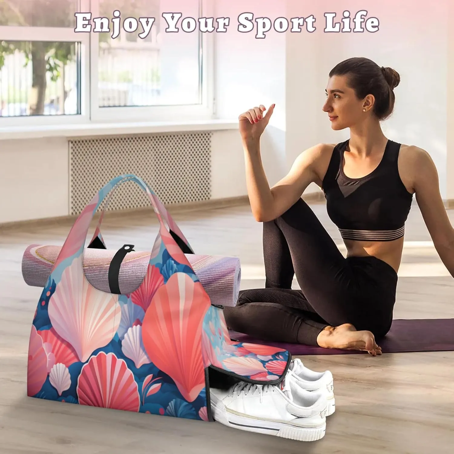 Seashell Serenity Waterproof Gym Bag for Men Women, Sports Duffel Bag with Shoe Compartment Yoga Mat Holder, Portable Large Travel Bag for Fitness, Camping, Weekend Trips