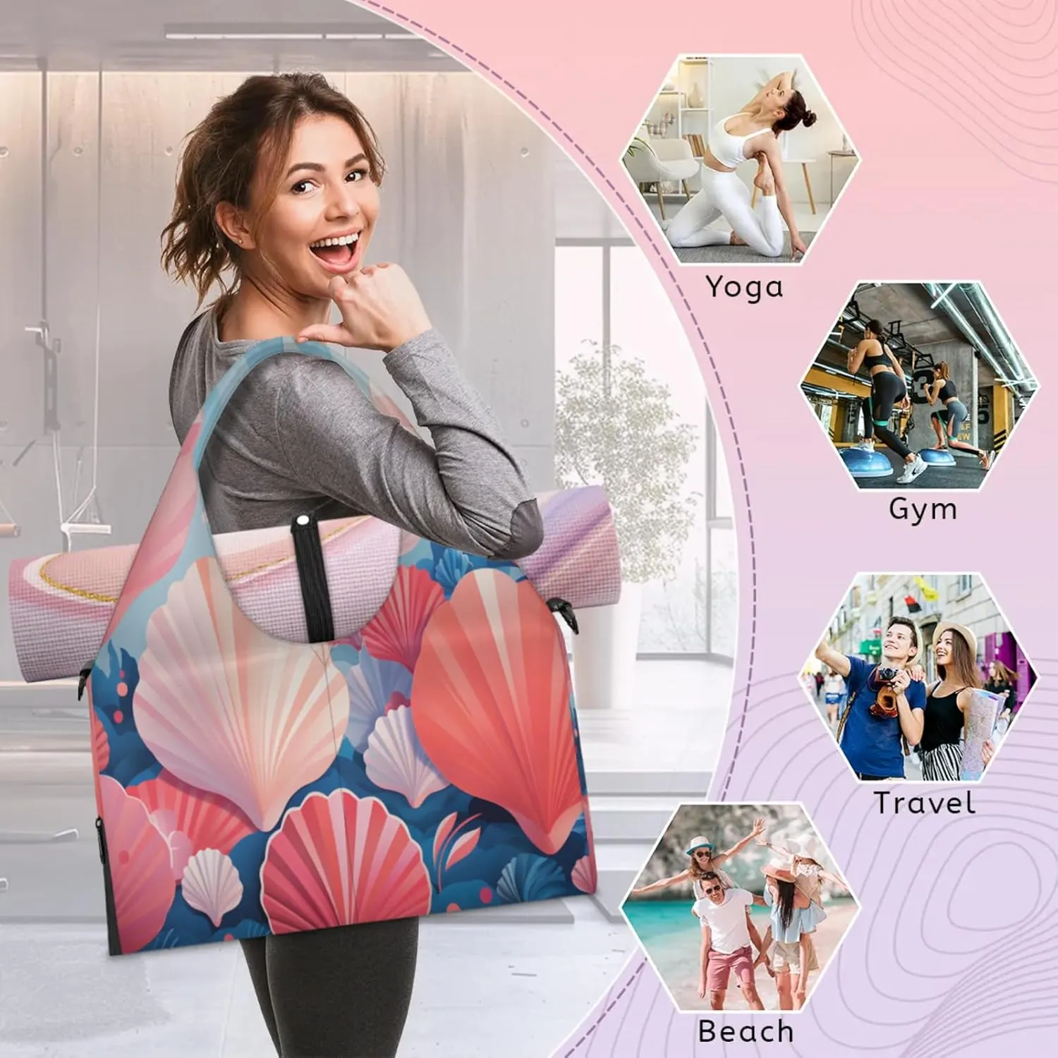 Seashell Serenity Waterproof Gym Bag for Men Women, Sports Duffel Bag with Shoe Compartment Yoga Mat Holder, Portable Large Travel Bag for Fitness, Camping, Weekend Trips