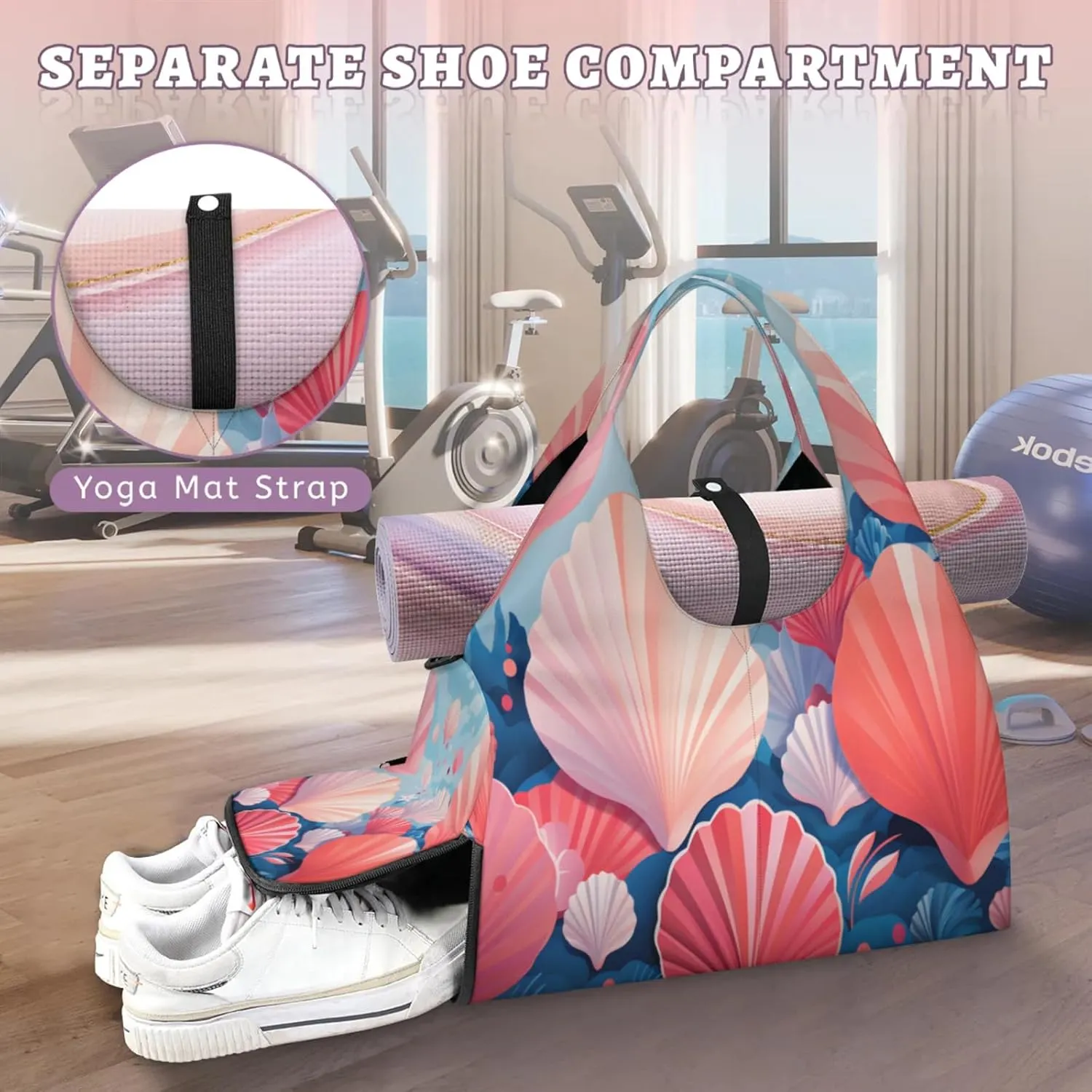 Seashell Serenity Waterproof Gym Bag for Men Women, Sports Duffel Bag with Shoe Compartment Yoga Mat Holder, Portable Large Travel Bag for Fitness, Camping, Weekend Trips