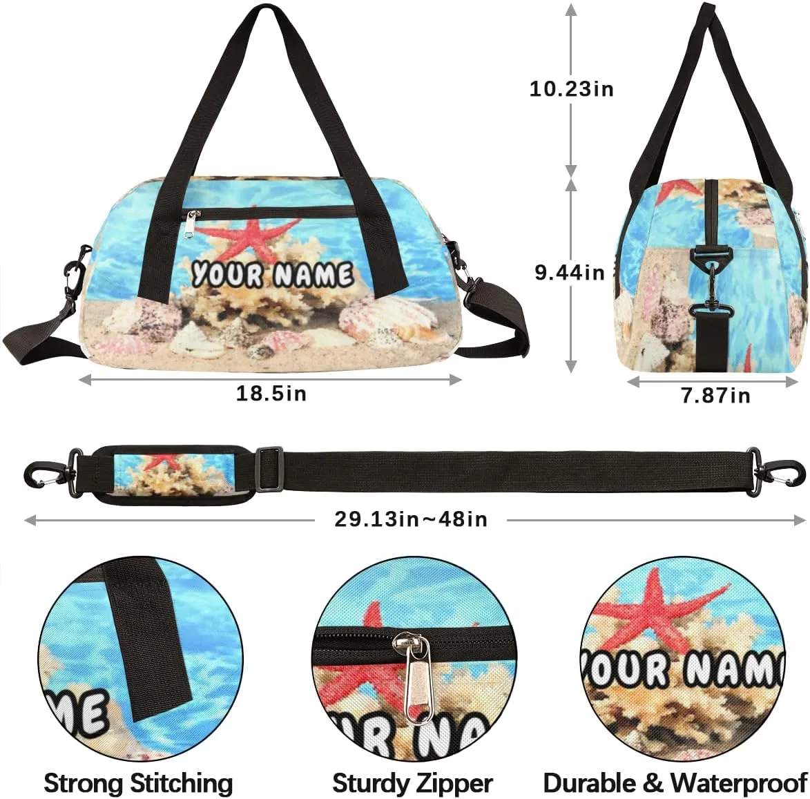 Seashell Starfish Personalized Kids Duffel Bag for Girls Boys, Seashell Debris Custom Name Dance Bag Overnight Small Duffel Bag Carry On Weekend Sports Travel Bag for School Practice Gymnastics Ballet