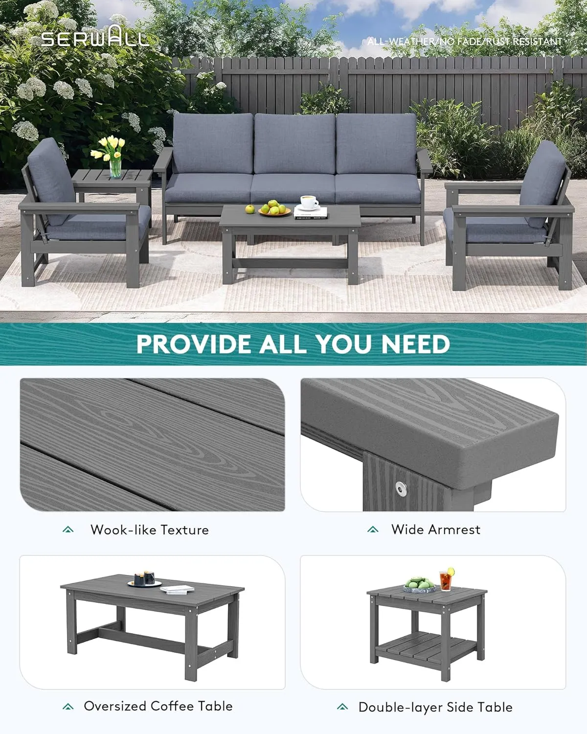 SERWALL HDPE Patio Furniture Set, 7-Piece Outdoor Sectional Sofa Set, All Weather Outdoor Couch Set for Deck, Lawn, Grey Frame with Grey Cushion