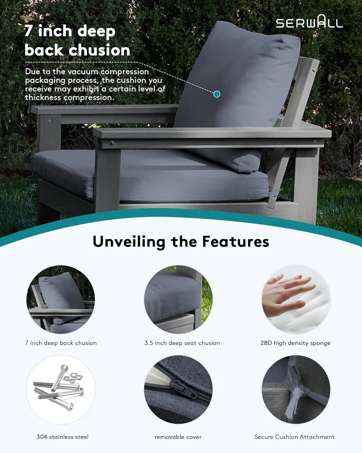 SERWALL HDPE Patio Furniture Set, 7-Piece Outdoor Sectional Sofa Set, All Weather Outdoor Couch Set for Deck, Lawn, Grey Frame with Grey Cushion