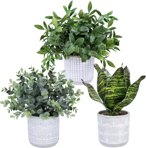 Set of 3 Small Potted Plants Faux Eucalyptus Plants and Tropical Snake Plant in Geometric Gray Pots for Modern Bathroom Office Table Shelf Windowsill Home Indoor Outdoor Green Décor