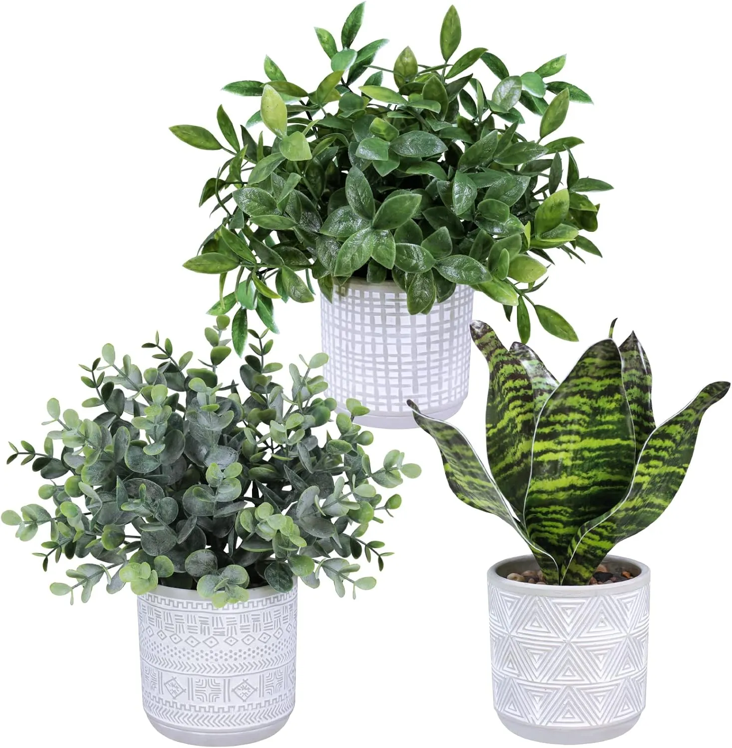 Set of 3 Small Potted Plants Faux Eucalyptus Plants and Tropical Snake Plant in Geometric Gray Pots for Modern Bathroom Office Table Shelf Windowsill Home Indoor Outdoor Green Décor
