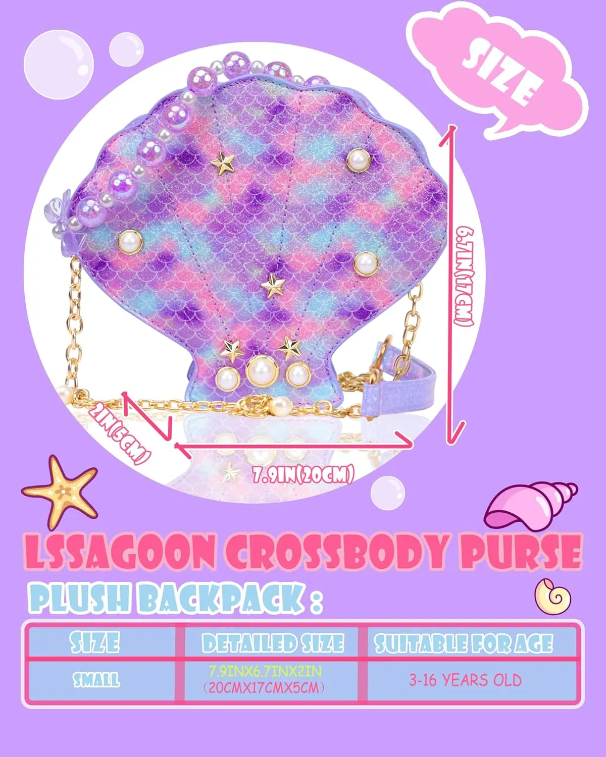 Shells Little Girl Crossbody Purse for Toddler,Shoulder Handbag,Pearl Princess Clutch Bag,Gifts for Birthday Xmas.