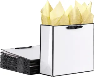 SHIPKEY 12 Pack White Gift Bags with Tissue Paper, 12.5x4.5x11 inches White Paper Bags with Ribbon Handles, Large Gift Bags