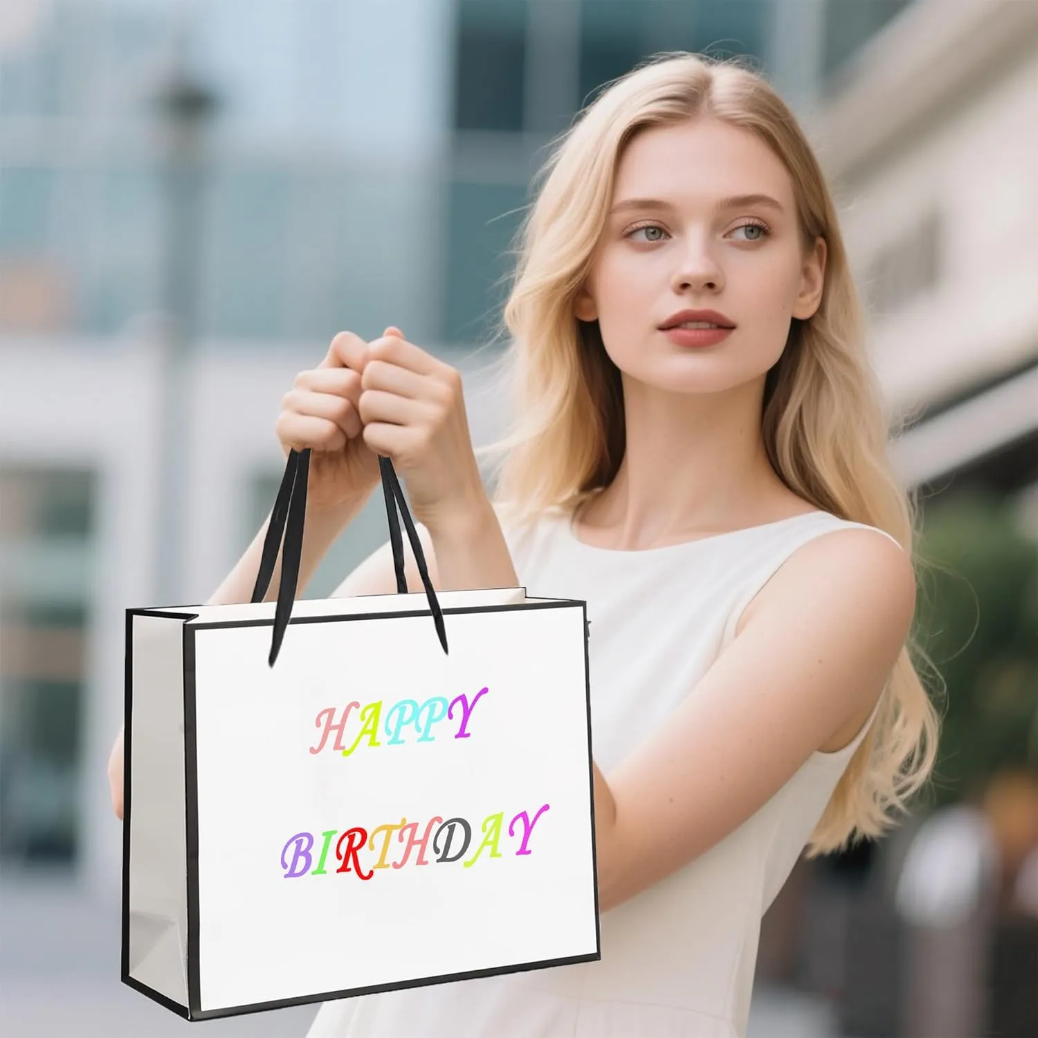 SHIPKEY 12 Pack White Gift Bags with Tissue Paper, 12.5x4.5x11 inches White Paper Bags with Ribbon Handles, Large Gift Bags