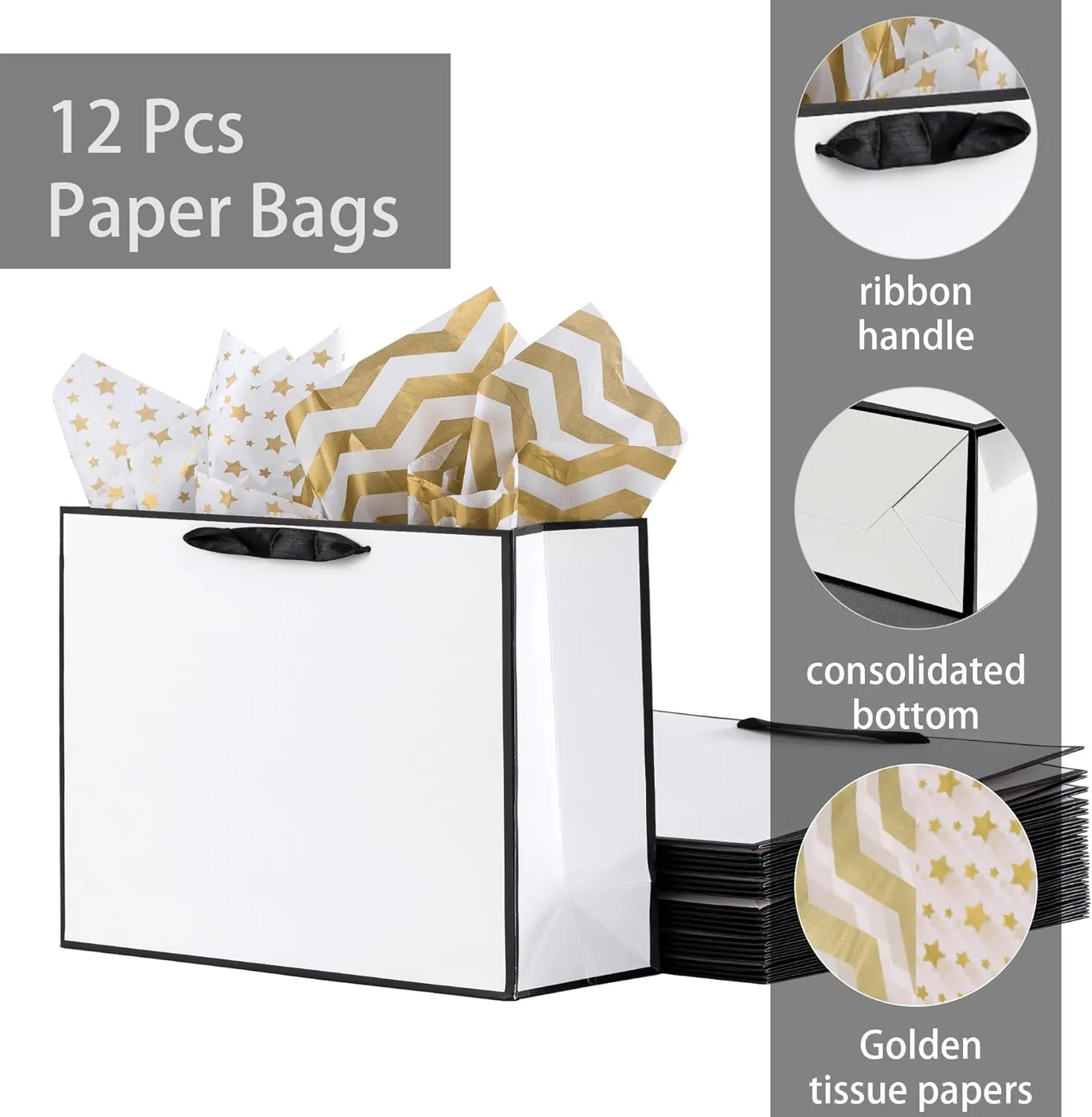 SHIPKEY 12 Pack White Gift Bags with Tissue Paper, 12.5x4.5x11 inches White Paper Bags with Ribbon Handles, Large Gift Bags