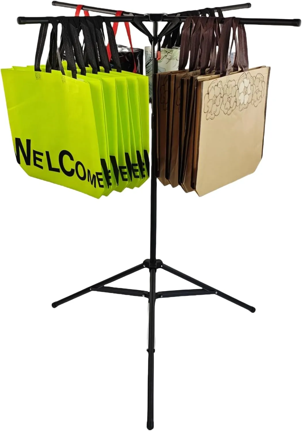 Shopping Bag Rack: Adjustable Height & Base, Premium Metal Display Stand for Stores & Malls, Holds Up to 50lbs, Foldable & Space-Saving Design