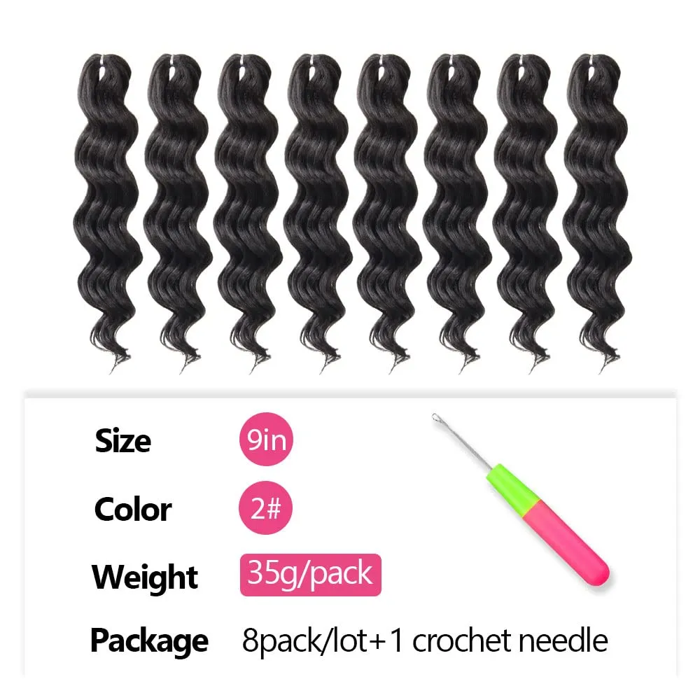 Short Ocean Wave Crochet Hair 9 Inch 8 Packs Deep Wave Crochet Hair Synthetic Wavy Crochet Braids (2# Off Black)