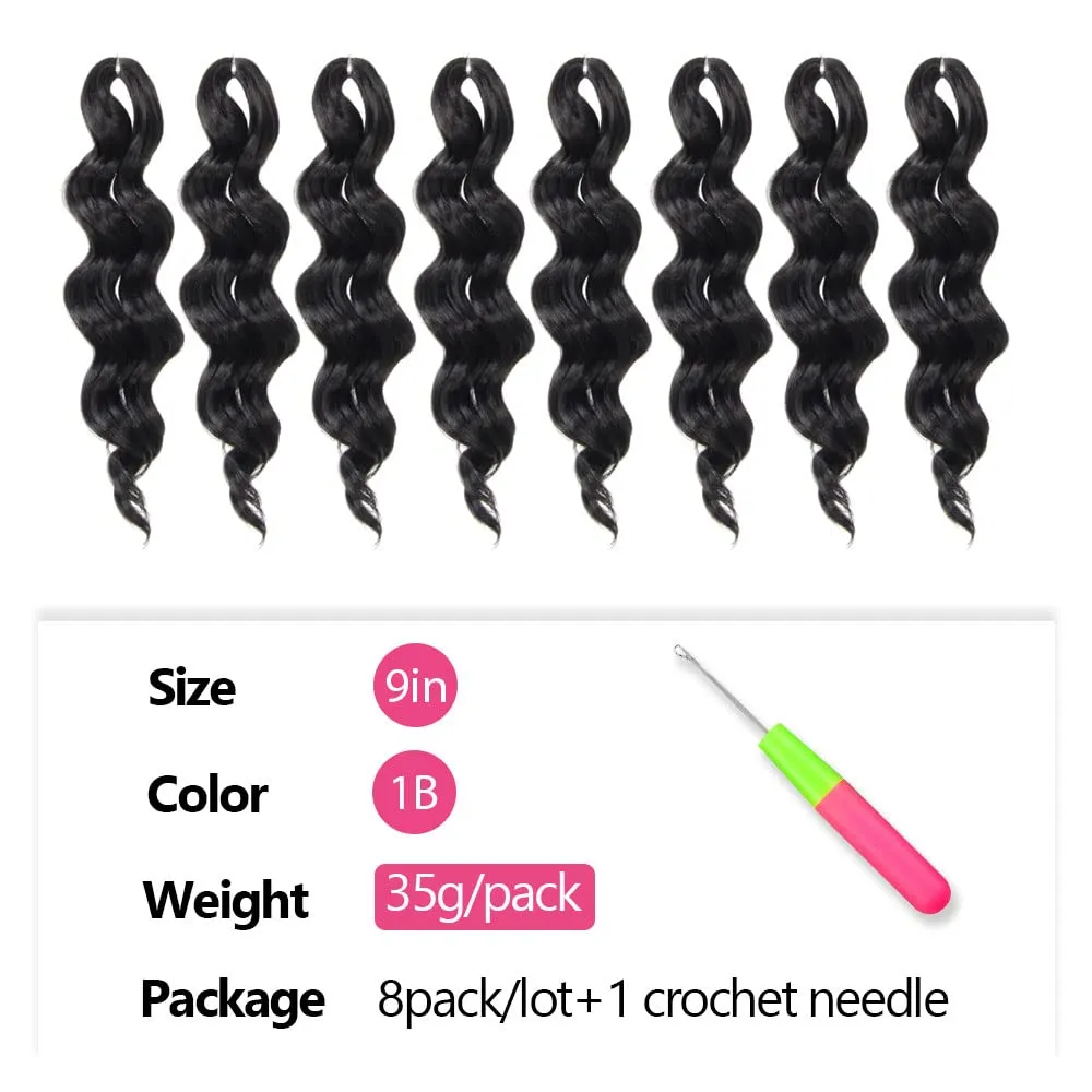 Short Ocean Wave Crochet Hair 9 Inch 8 Packs Water Wave Crochet Hair Synthetic Black Wavy Crochet Braids (1B)