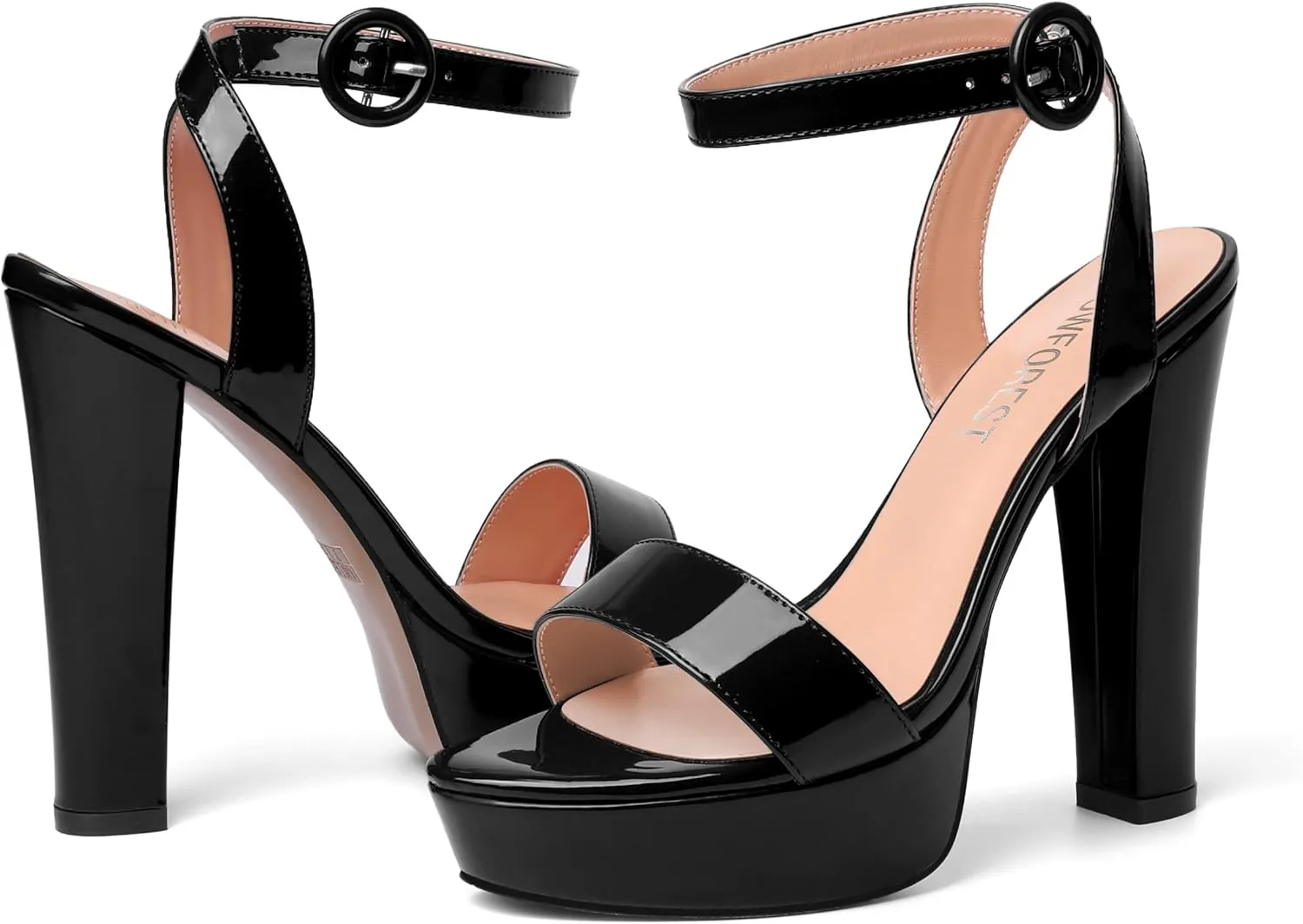 SHOWFOREST Womens Round Toe Dress Patent Platform Buckle Wedding Ankle Strap Solid Block High Heel Heeled Sandals 5 Inch