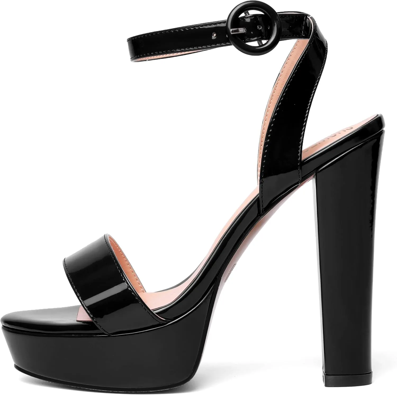 SHOWFOREST Womens Round Toe Dress Patent Platform Buckle Wedding Ankle Strap Solid Block High Heel Heeled Sandals 5 Inch