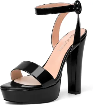 SHOWFOREST Womens Round Toe Dress Patent Platform Buckle Wedding Ankle Strap Solid Block High Heel Heeled Sandals 5 Inch