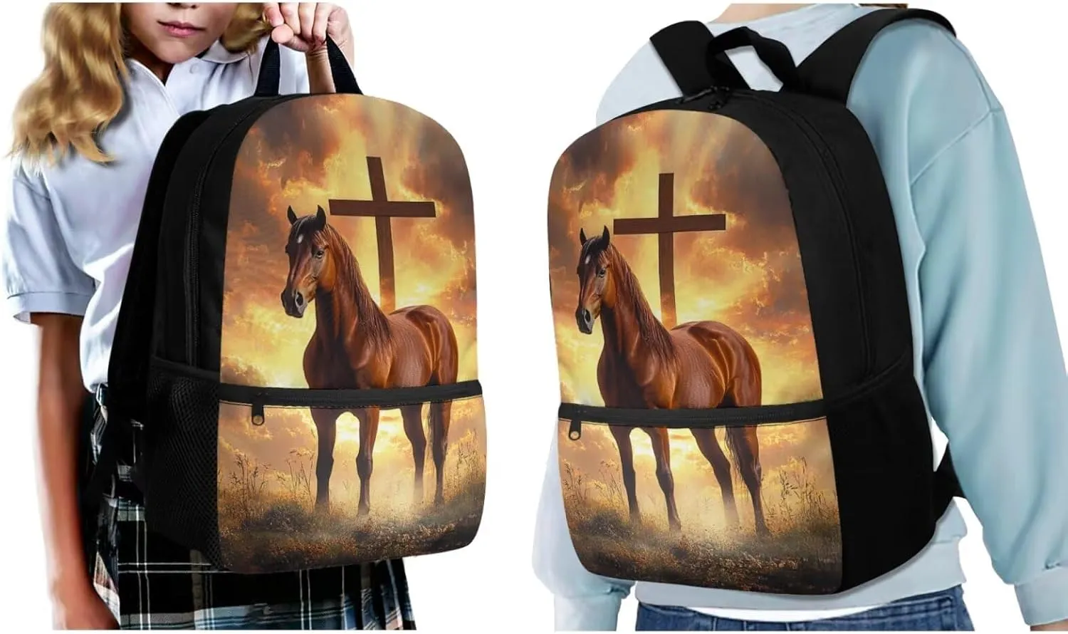 Showudesigns Cross Horse Backpack for Middle School Girls Bookbag with Lunch Box and Pencil Case Set 4 In 1 Elementary School Bag Back Packs for Boys Kids Back To School Daypack Rucksack