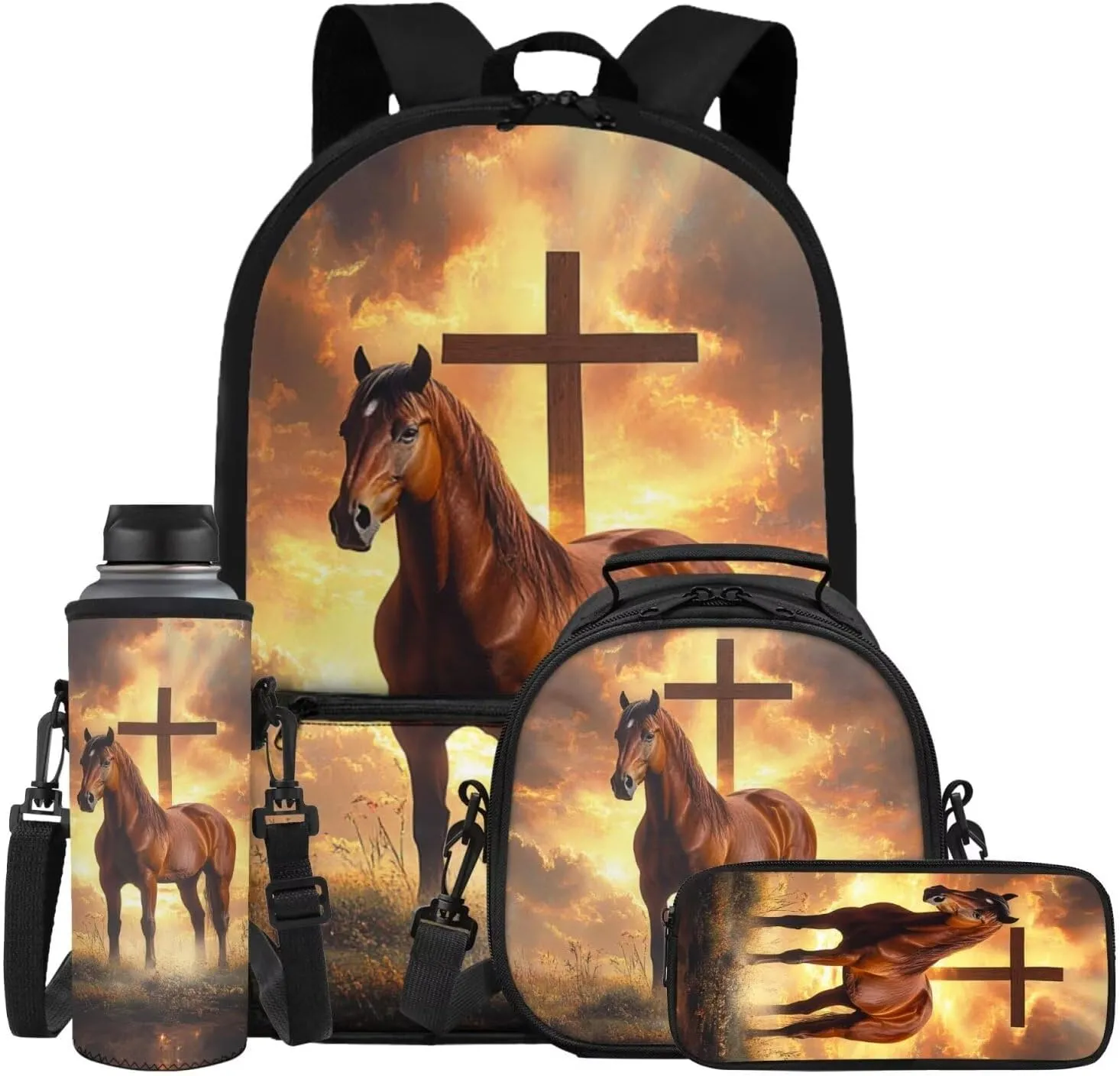 Showudesigns Cross Horse Backpack for Middle School Girls Bookbag with Lunch Box and Pencil Case Set 4 In 1 Elementary School Bag Back Packs for Boys Kids Back To School Daypack Rucksack