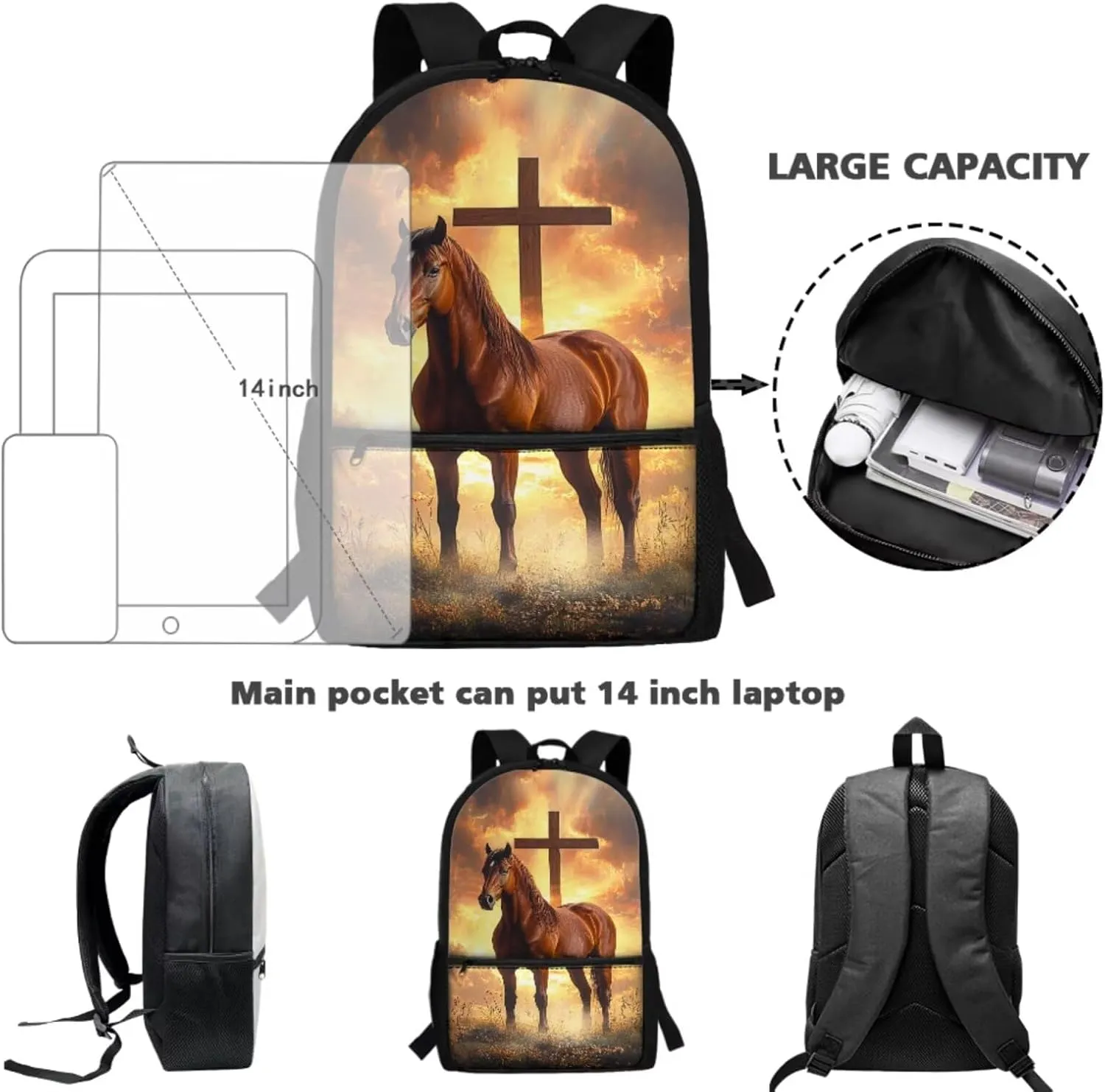 Showudesigns Cross Horse Backpack for Middle School Girls Bookbag with Lunch Box and Pencil Case Set 4 In 1 Elementary School Bag Back Packs for Boys Kids Back To School Daypack Rucksack