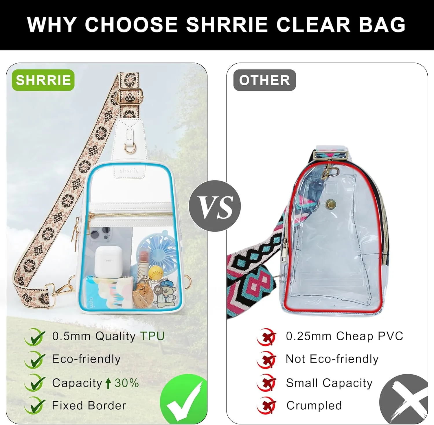 Shrrie Clear Bag for Stadium Events Transparent Crossbody Bag Clear Purse for Women&Men-Stadium Approved, Concerts&Sports
