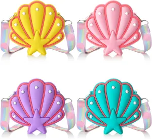 Silkfly Mermaid Seashell Purse for Girls - 4 Pcs Crossbody Bag With Adjustable Strap, Starfish Clutch - Mermaid Party Favors