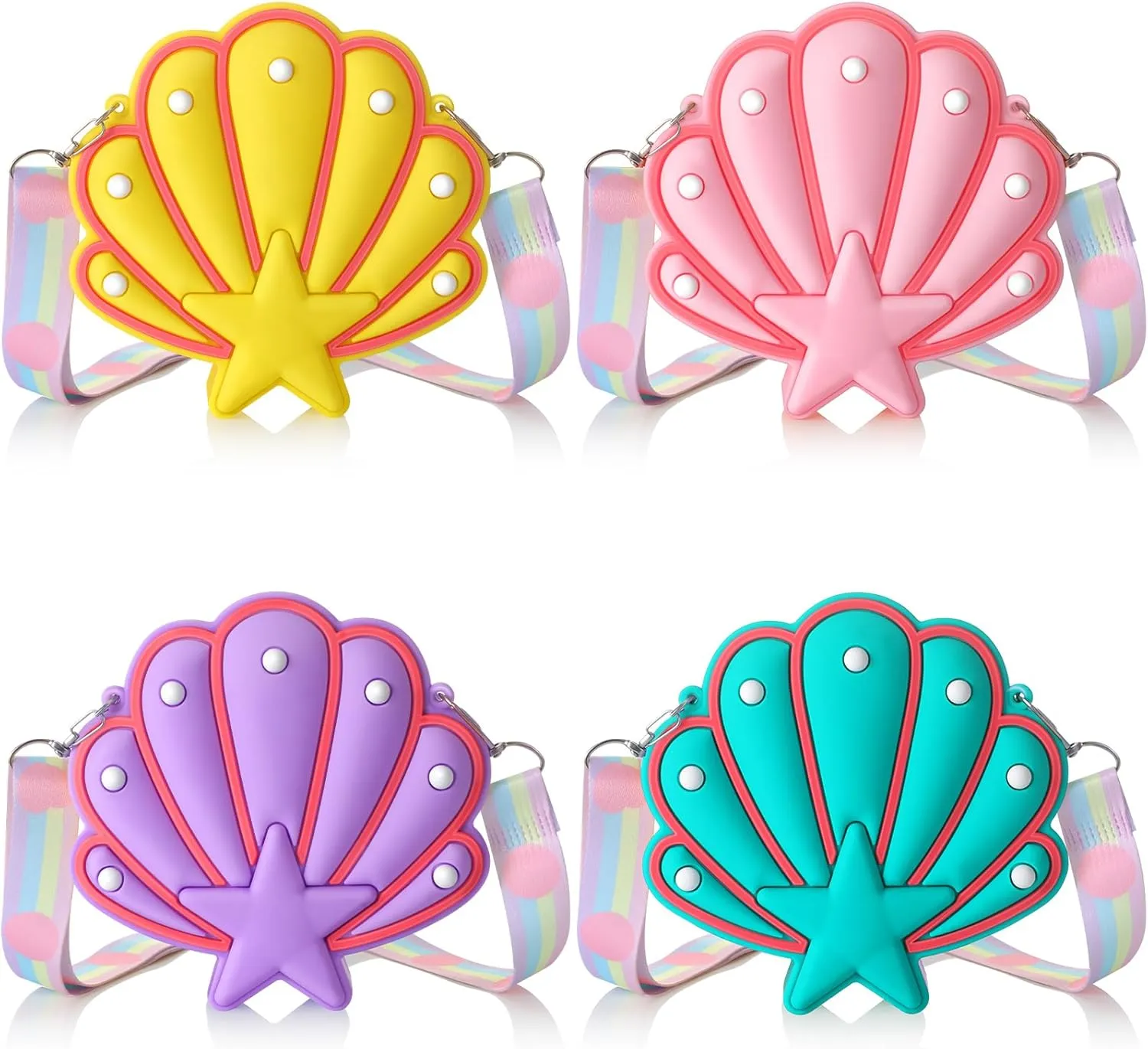 Silkfly Mermaid Seashell Purse for Girls - 4 Pcs Crossbody Bag With Adjustable Strap, Starfish Clutch - Mermaid Party Favors