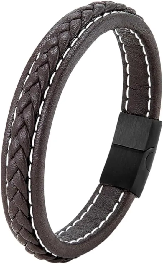 Simple Style Men Leather Bracelet Matte Black Stainless Steel Magnitic Buckle Accessories Hand-Woven Jewelry Gifts