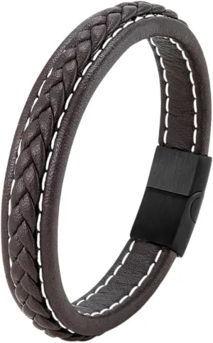 Simple Style Men Leather Bracelet Matte Black Stainless Steel Magnitic Buckle Accessories Hand-Woven Jewelry Gifts