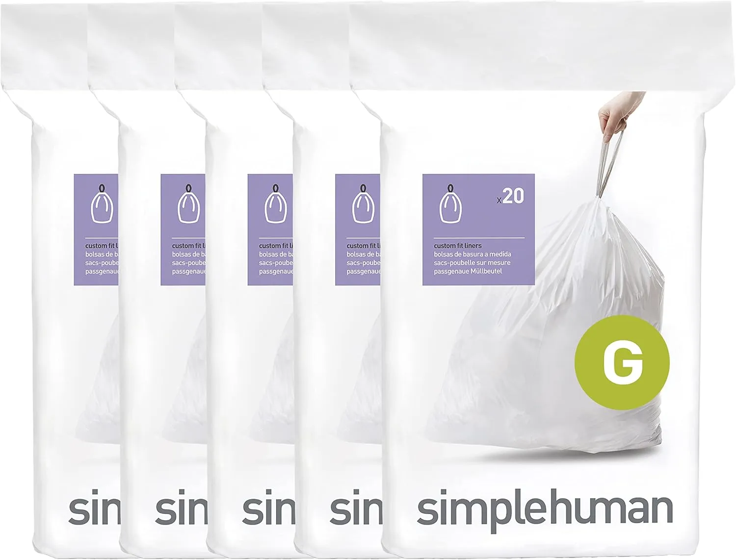 simplehuman Code G 100 Count, Dispenser Pack Custom Fit Liners, Drawstring Trash Bags, 30 Liter / 8 Gallon