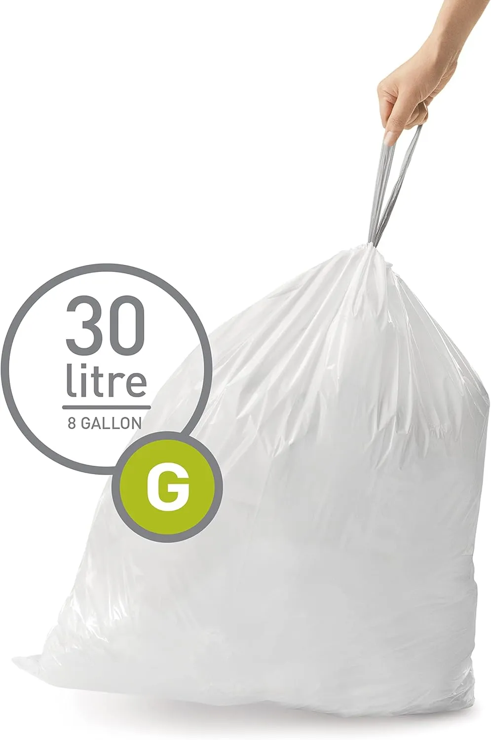 simplehuman Code G 100 Count, Dispenser Pack Custom Fit Liners, Drawstring Trash Bags, 30 Liter / 8 Gallon