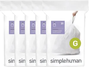 simplehuman Code G 100 Count, Dispenser Pack Custom Fit Liners, Drawstring Trash Bags, 30 Liter / 8 Gallon