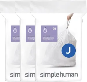 simplehuman Code J 60 Count, Genuine Custom Fit Liners, Drawstring Trash Bags in Dispenser Packs, 30-45 Liter / 8-12 Gallon, White