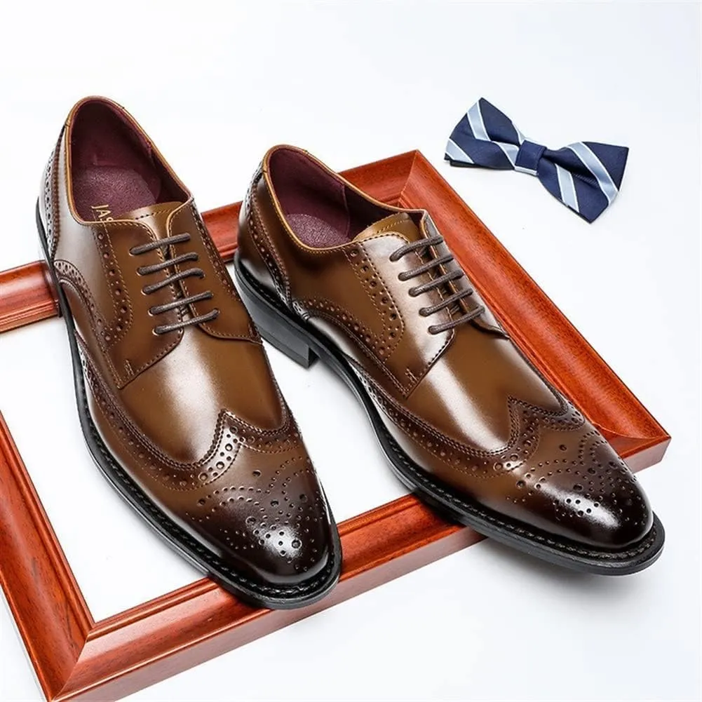 Single Season Dress Shoes for Men Lace Up Brogue Embossed Wing-tip Round Toe Cowhide Slip Resistant Anti-Slip Low Top Classic Very Popular Among Young People
