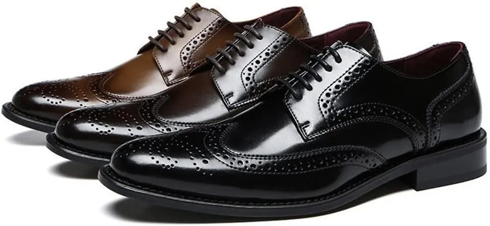 Single Season Dress Shoes for Men Lace Up Brogue Embossed Wing-tip Round Toe Cowhide Slip Resistant Anti-Slip Low Top Classic Very Popular Among Young People