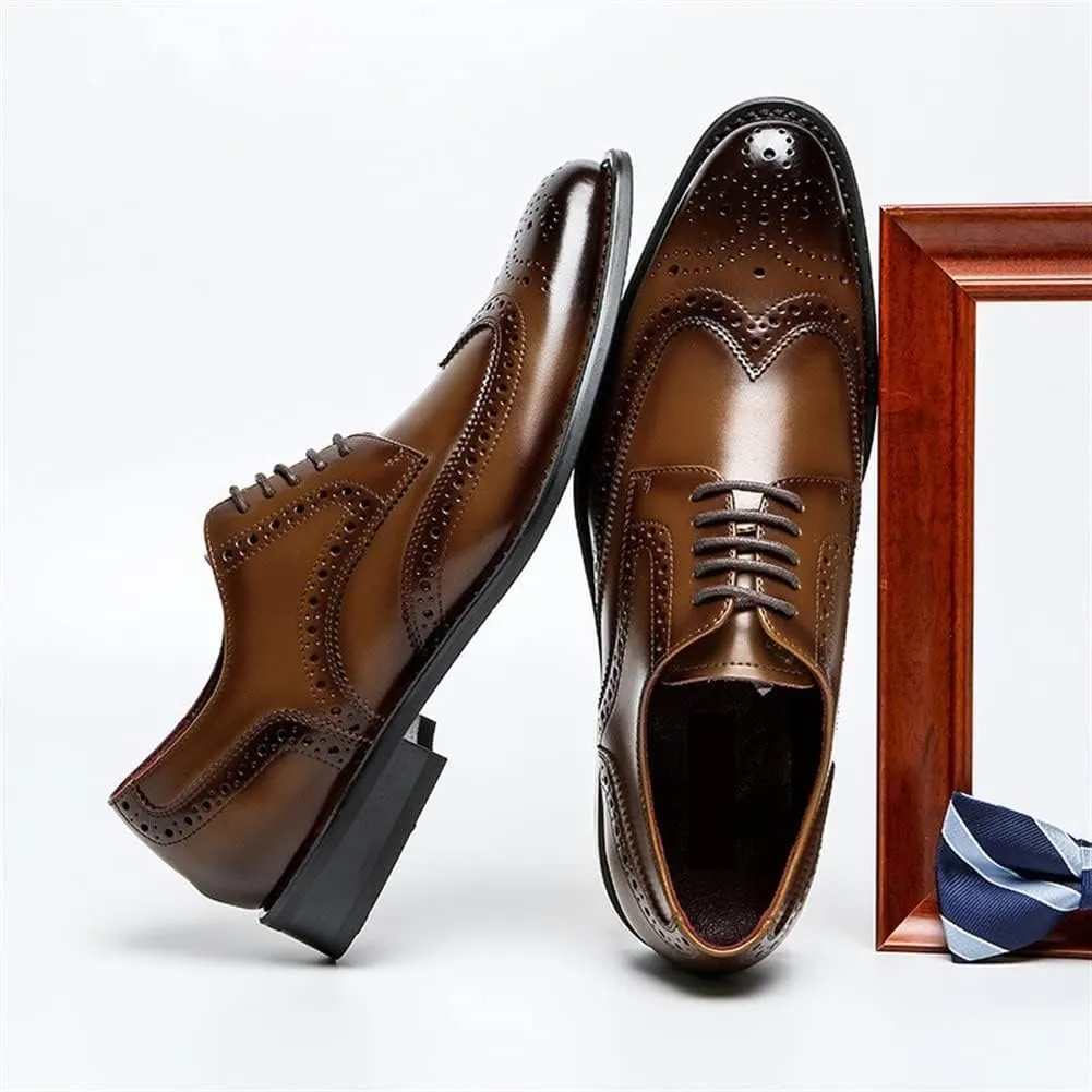 Single Season Dress Shoes for Men Lace Up Brogue Embossed Wing-tip Round Toe Cowhide Slip Resistant Anti-Slip Low Top Classic Very Popular Among Young People