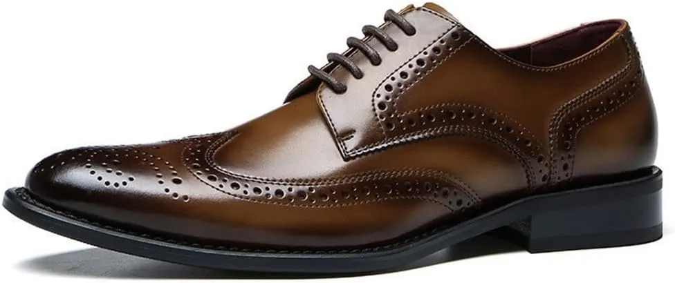 Single Season Dress Shoes for Men Lace Up Brogue Embossed Wing-tip Round Toe Cowhide Slip Resistant Anti-Slip Low Top Classic Very Popular Among Young People
