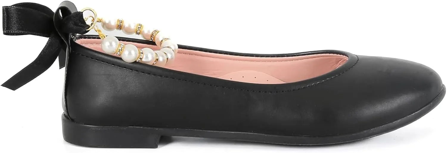 SIRRI Elegant Girls' Mary Jane Flats with Pearl Detail and Ribbon - Perfect for Special Occasions