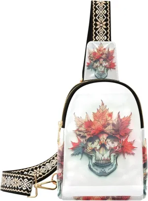 Skull Maple Leaf Outlined Colorful fanny packs crossbody lightweight sling backpack sling bag for hiking