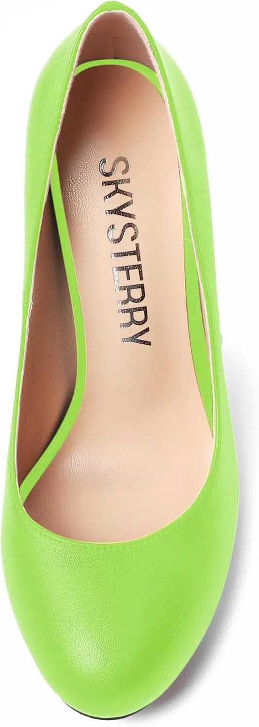 SKYSTERRY Womens Round Toe Casual Office Matte Slip On Spool High Heel Pumps Shoes 4 Inch
