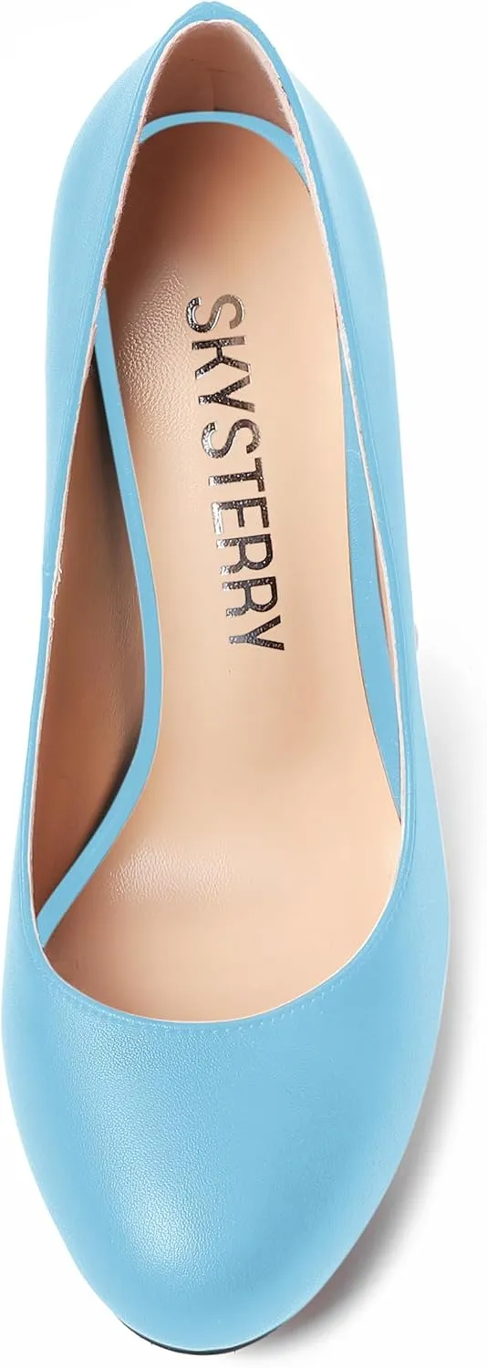 SKYSTERRY Womens Round Toe Casual Office Matte Slip On Spool High Heel Pumps Shoes 4 Inch