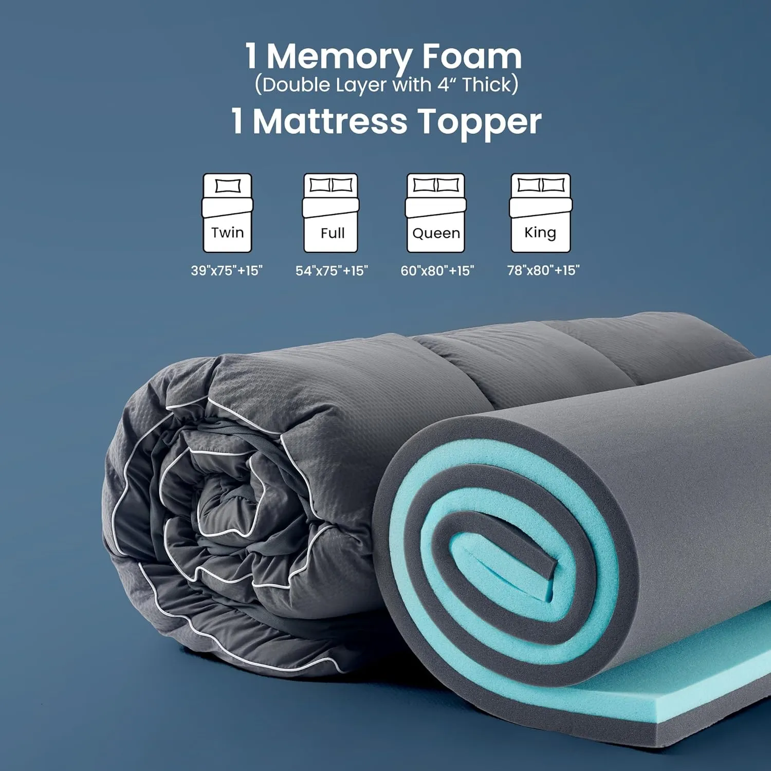 SLEEP ZONE Dual Layer 4 Inch Memory Foam Mattress Topper, 2 inch Cooling Gel Memory Foam Plus 2 inch Alternative Pillowtop Mattress Pad Cover for Back Pain, Comfort Support (Queen)