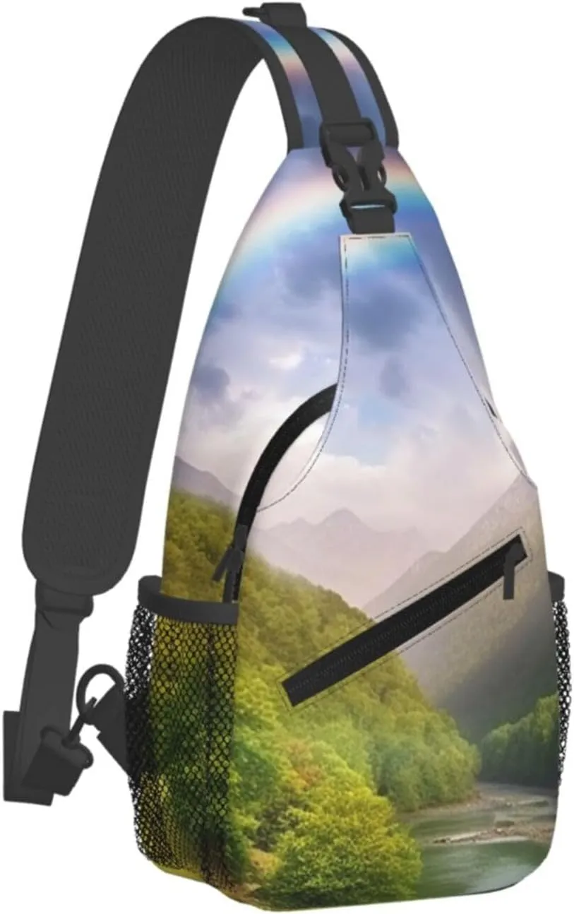 Sling Bag for Women Men Chest Bag Mountain Valley with Rainbow Crossbody Bag Small Sling Backpack Fanny Packs Hiking Daypack