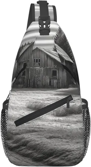 Sling Bag for Women Men Crossbody Bag Sling Backpack Barn Black and White Chest Bag Fanny Packs Hiking Daypack