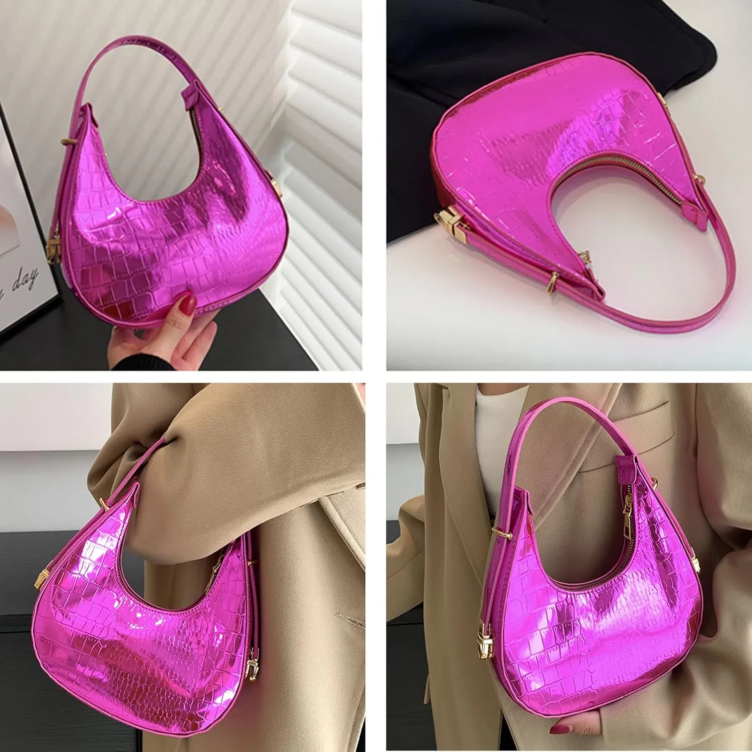 Small Shoulder Bags for Women Crocodile Pattern Leather Handbag Under the Arm Purse with Zipper Closure