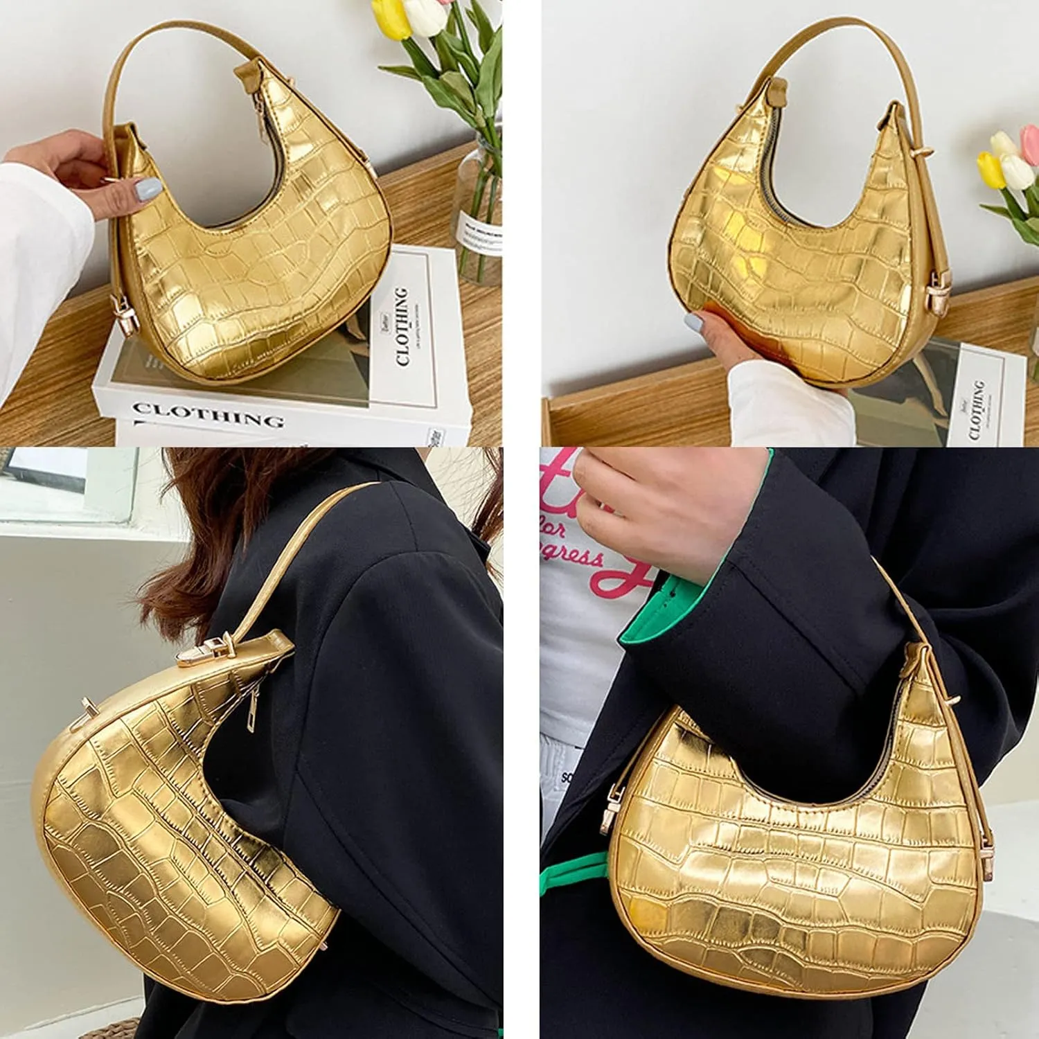 Small Shoulder Bags for Women Crocodile Pattern Leather Handbag Under the Arm Purse with Zipper Closure