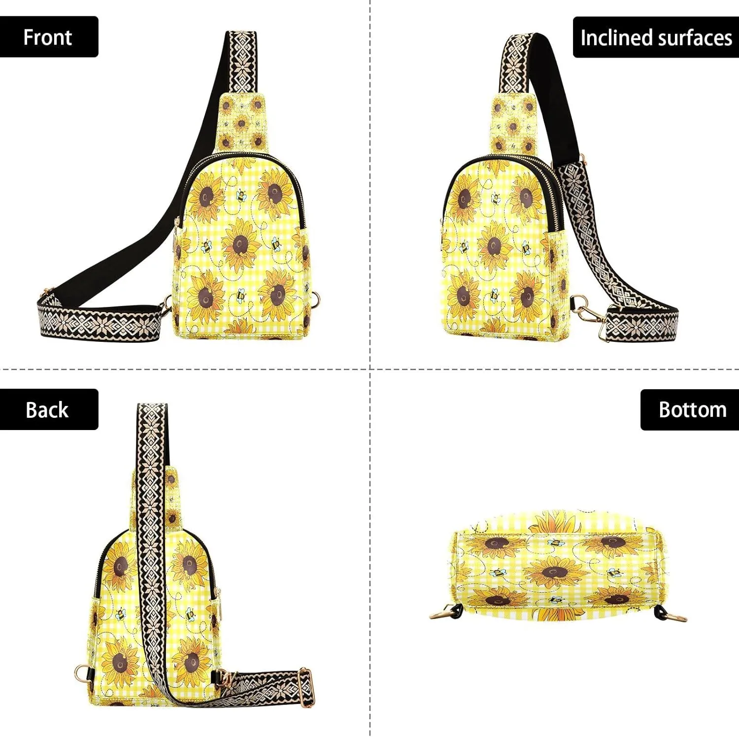 Small Sling Bag for Women Cute Bees Sunflowers Trendy Crossbody Bag Fashion Waist Packs Yellow Plaid Leather Chest Bag for Women Fanny Pack Travel Outdoor Outfit